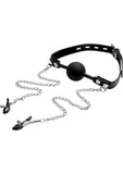 Master Series Nipple Clamps/Ball Gag Strict Silicone Ball Gag with Nipple Clamps - Black
