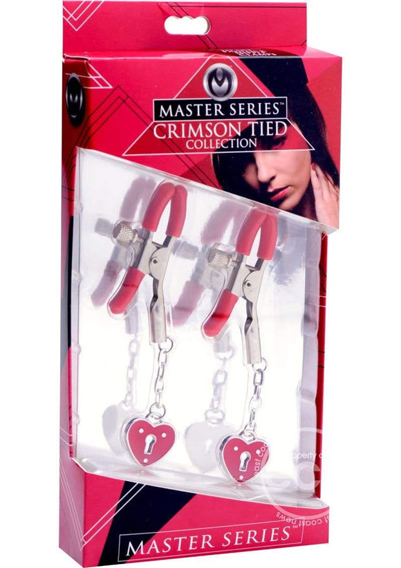 Master Series Nipple Clamps Master Series - Crimson Tied Charmed Heart Padlock Nipple Clamps - Red